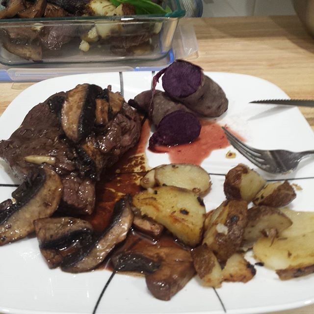 #cheframseyinspired #cheframsey #dinner butter steak in a pan (added wine!) Rosemary and seasonings potatoes and a purple sweet potato