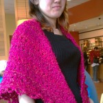 Awkwardly modeling shawl at knitting group one Saturday morning.